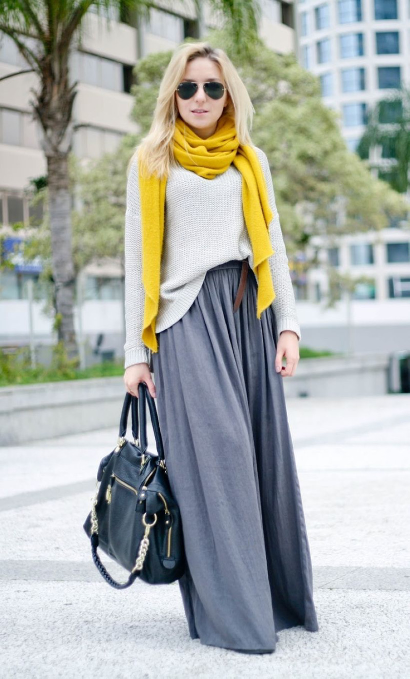 Stylish Long Skirt Outfits for Cold Spring Days