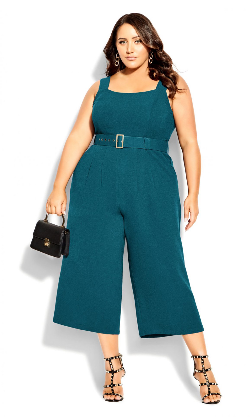 Trending Colors for Plus-Size Spring Outfits: Teal Jumpsuit Inspiration